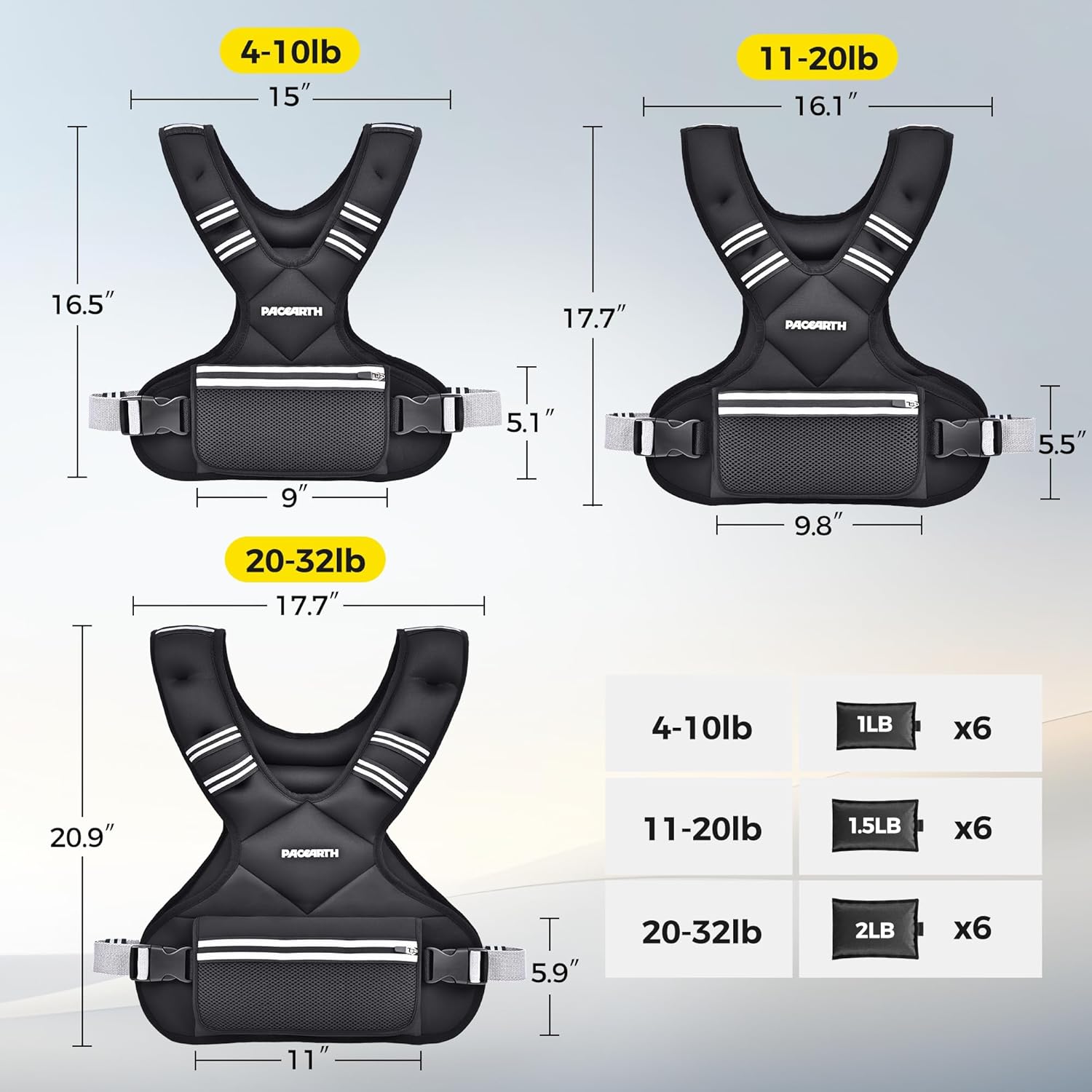 PACEARTH Adjustable Weight Vest 4-10lbs / 11-20lbs / 20-32lbs - Image 2