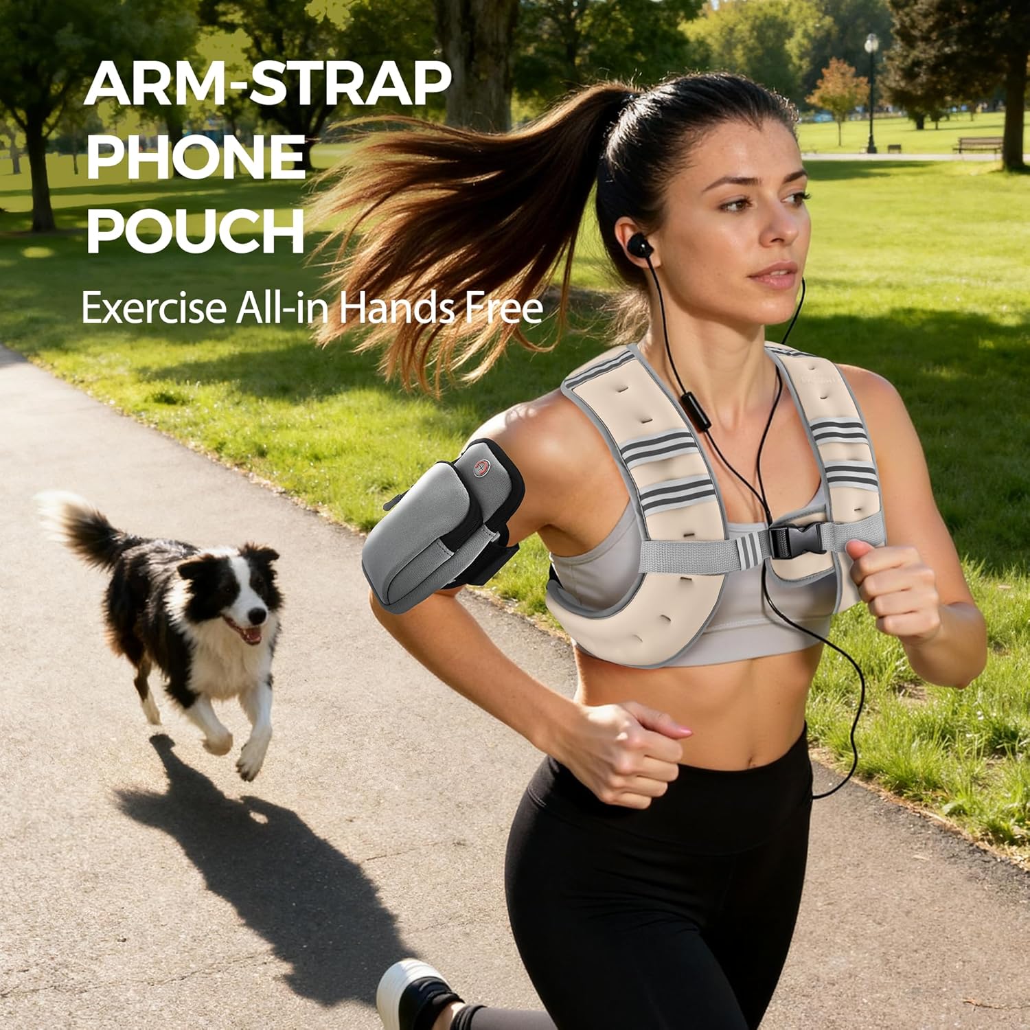 Pacearth Weighted Vest with Arm Strap Phone Pouch and Reflective Stripe Beige - Image 5